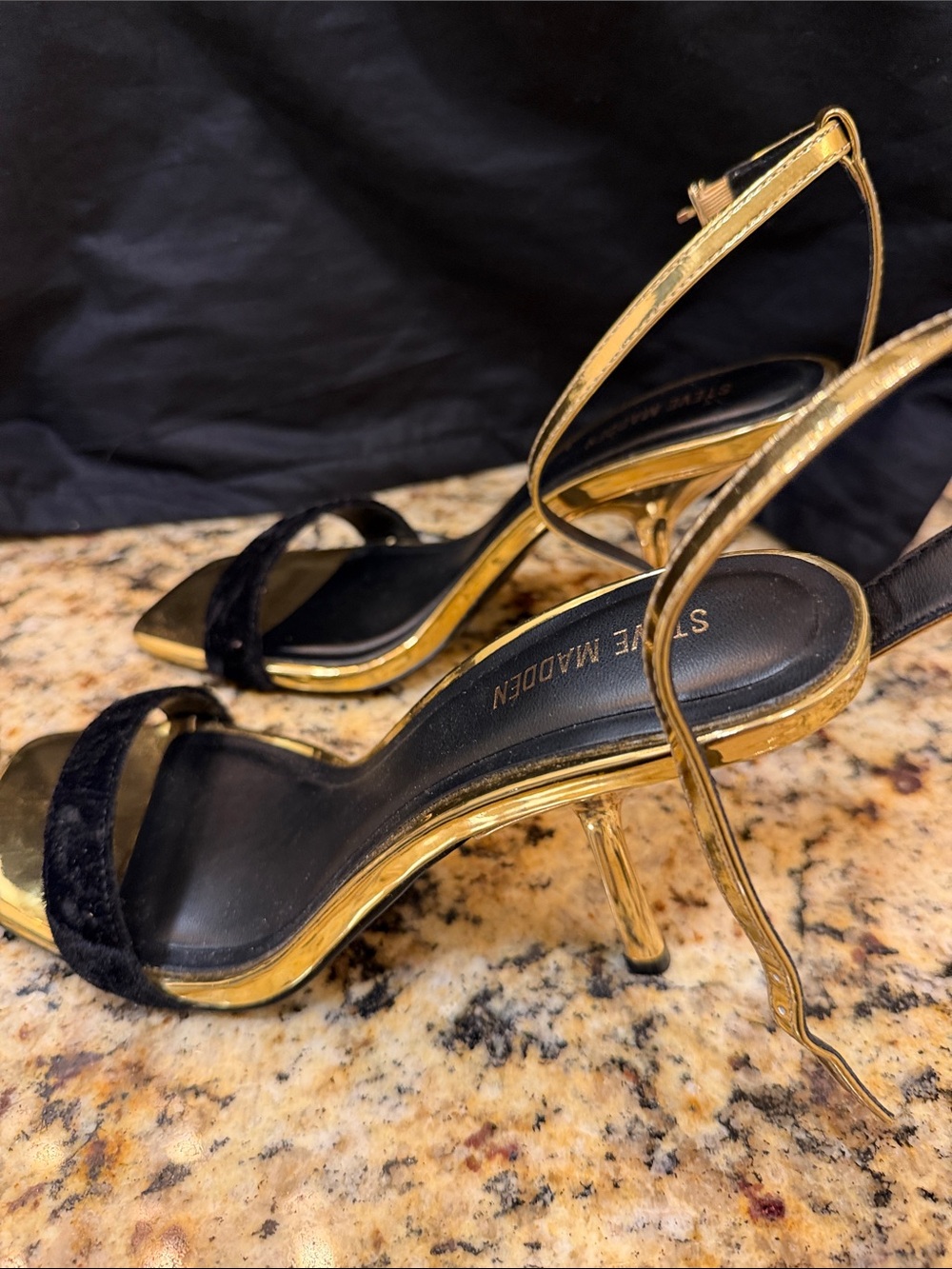 Steve Madden Black and Gold Strappy Stiletto Sandals